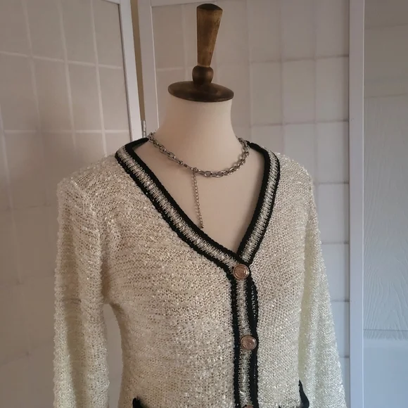 Vintage White Black Knit Sweater S - Picture 3 of 10
